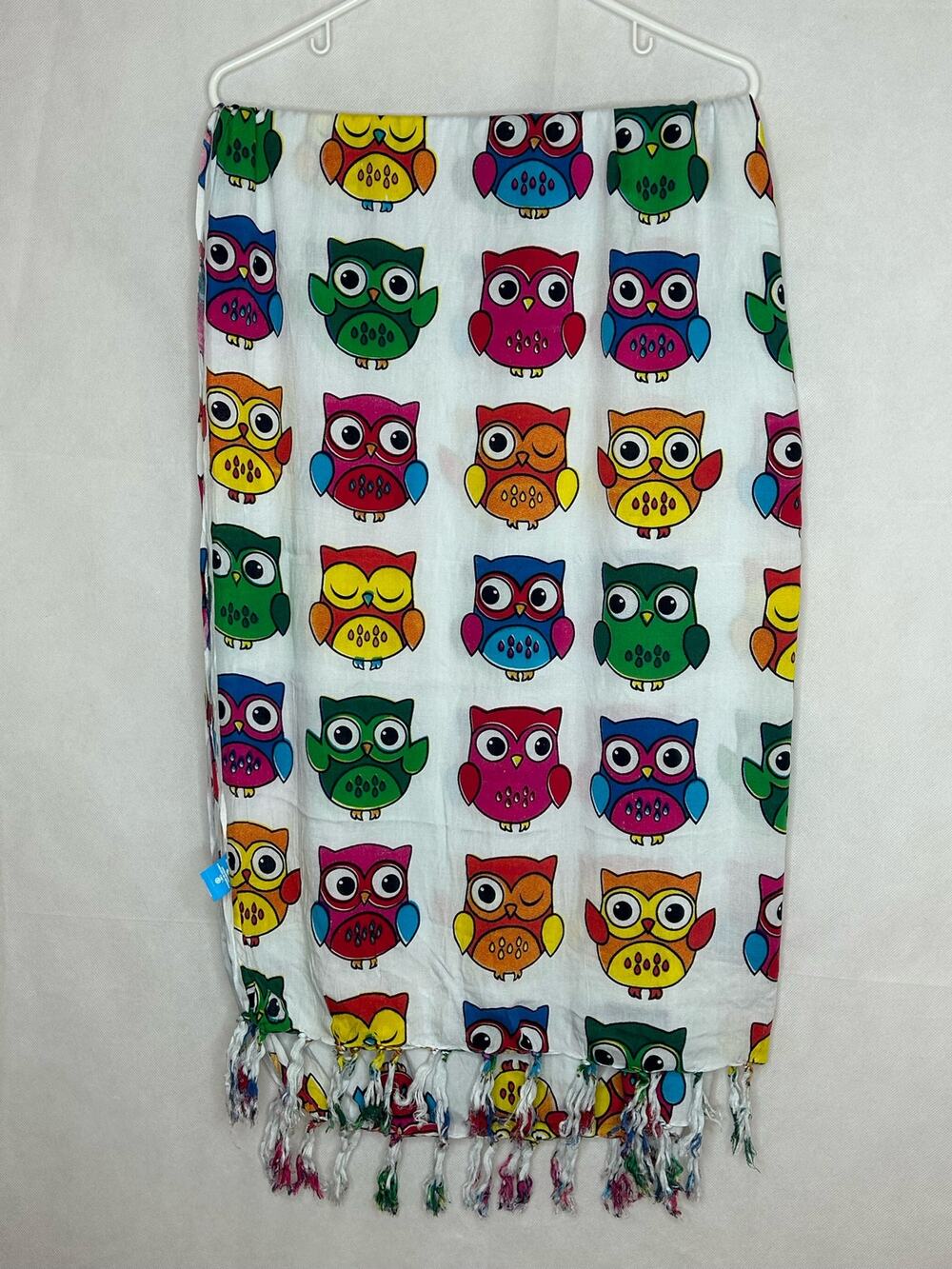 Bali Luv Owl Design Scarf Wrap Cover Up Beach Swimming Vacation Artsy Fringe